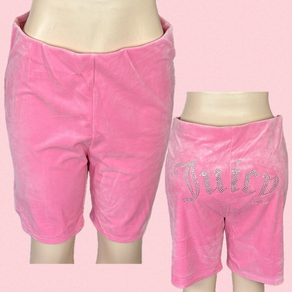 Juicy Couture XL Pink Velour Crystal Studs Logo Name On Back Pull-On Bike Shorts